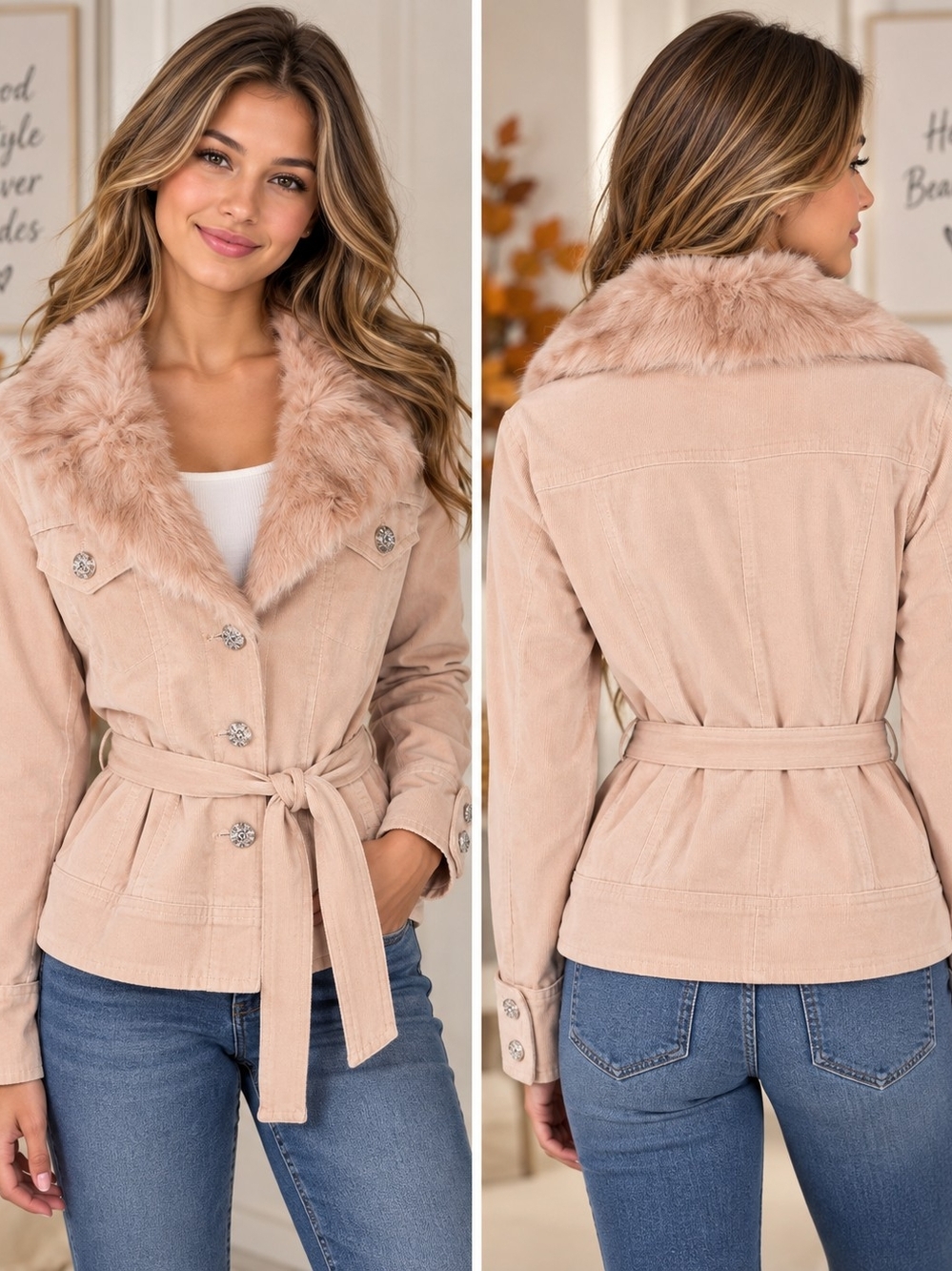 Arden B Blush Fur Collar Belted Jacket Corderoy Size Med.